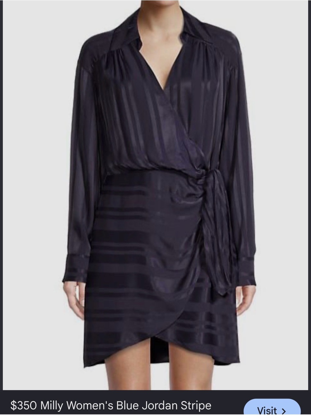 Milly Navy Satin Wrap Mini Dress with Tonal Stripes